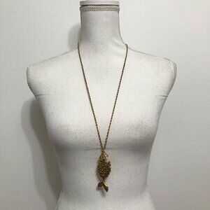 Vintage Max Factor Long Gold Fish Pendant Locket Necklace with Solid Perfume